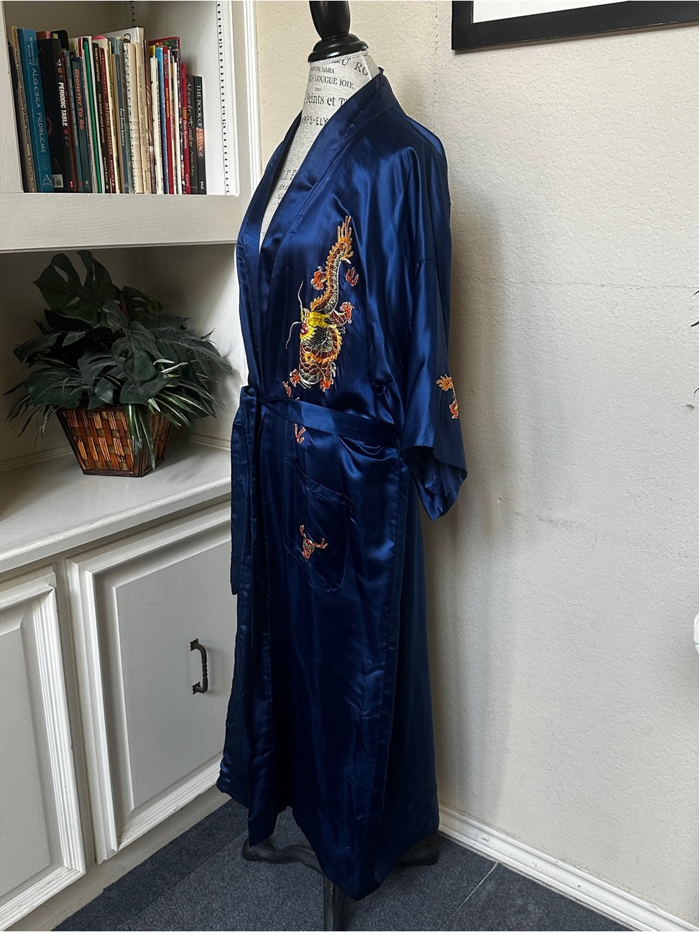 Embroidered Royal Blue Silk Robe - Picture 6 of 15